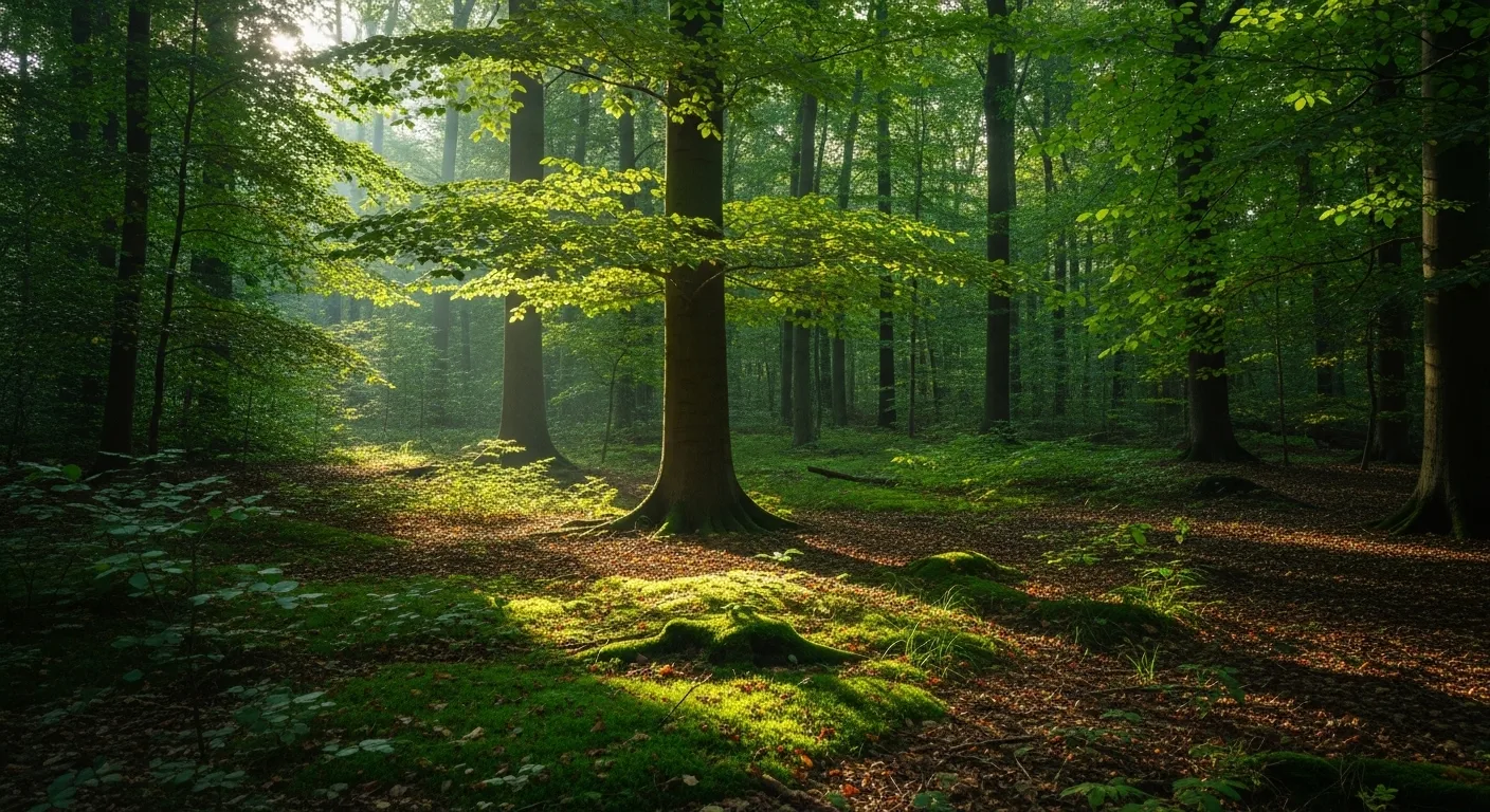 Sunlight through forest canopy; calm, natural setting